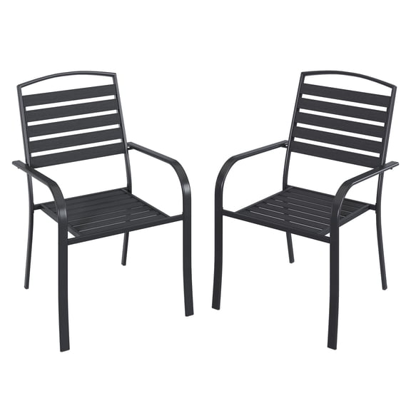 Vicluke Outdoor Dining Chairs Set of 2, Black Stackable Patio Dining Chairs with WPC Seat, Heavy Duty Metal Frame Wrought Iron Bistro Chairs with Armrests, 300 Lbs for Patio, Deck, Porch, Backyard