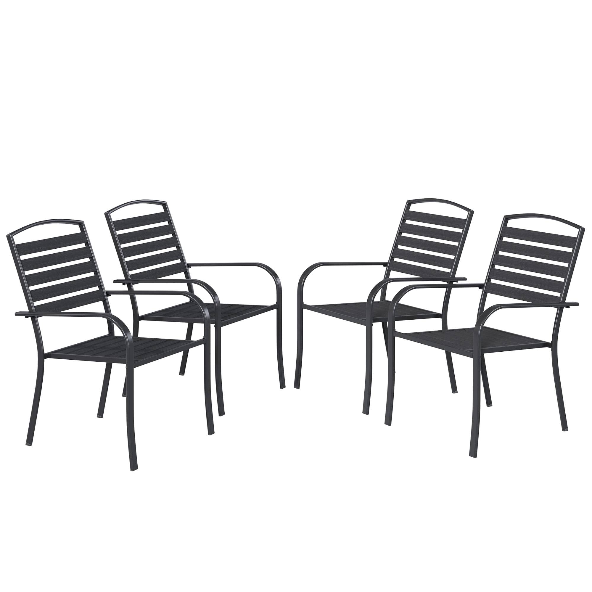 Vicluke Outdoor Dining Chairs Set of 4, Black Stackable Patio Dining Chairs with WPC Seat, Heavy Duty Metal Frame Wrought Iron Bistro Chairs with Armrests, 300 Lbs for Patio, Deck, Porch, Backyard