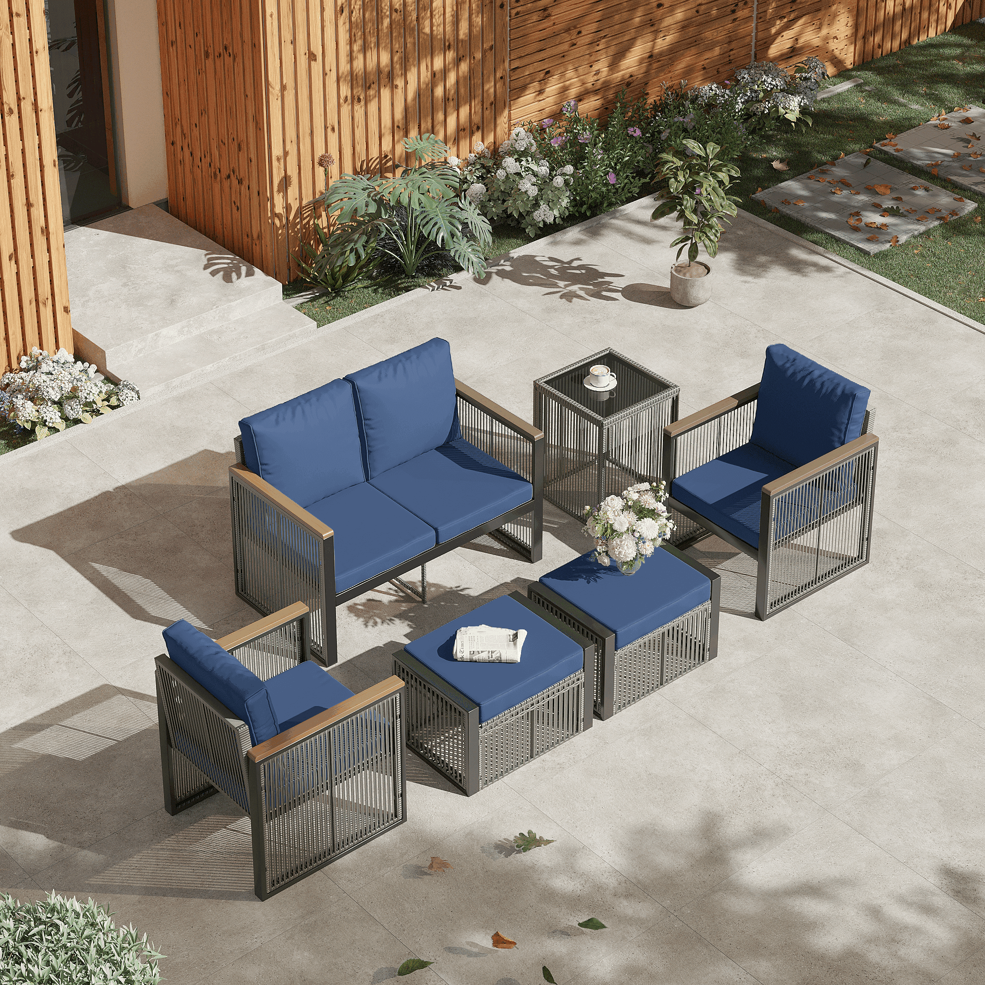 Vicluke Outdoor Patio Furniture Set with Ottomans, 6 Piece Patio Conversation Sets with Coffee Table, Patio Sectional Furniture Set for Porch, Balcony, Deck, Yard,Blue