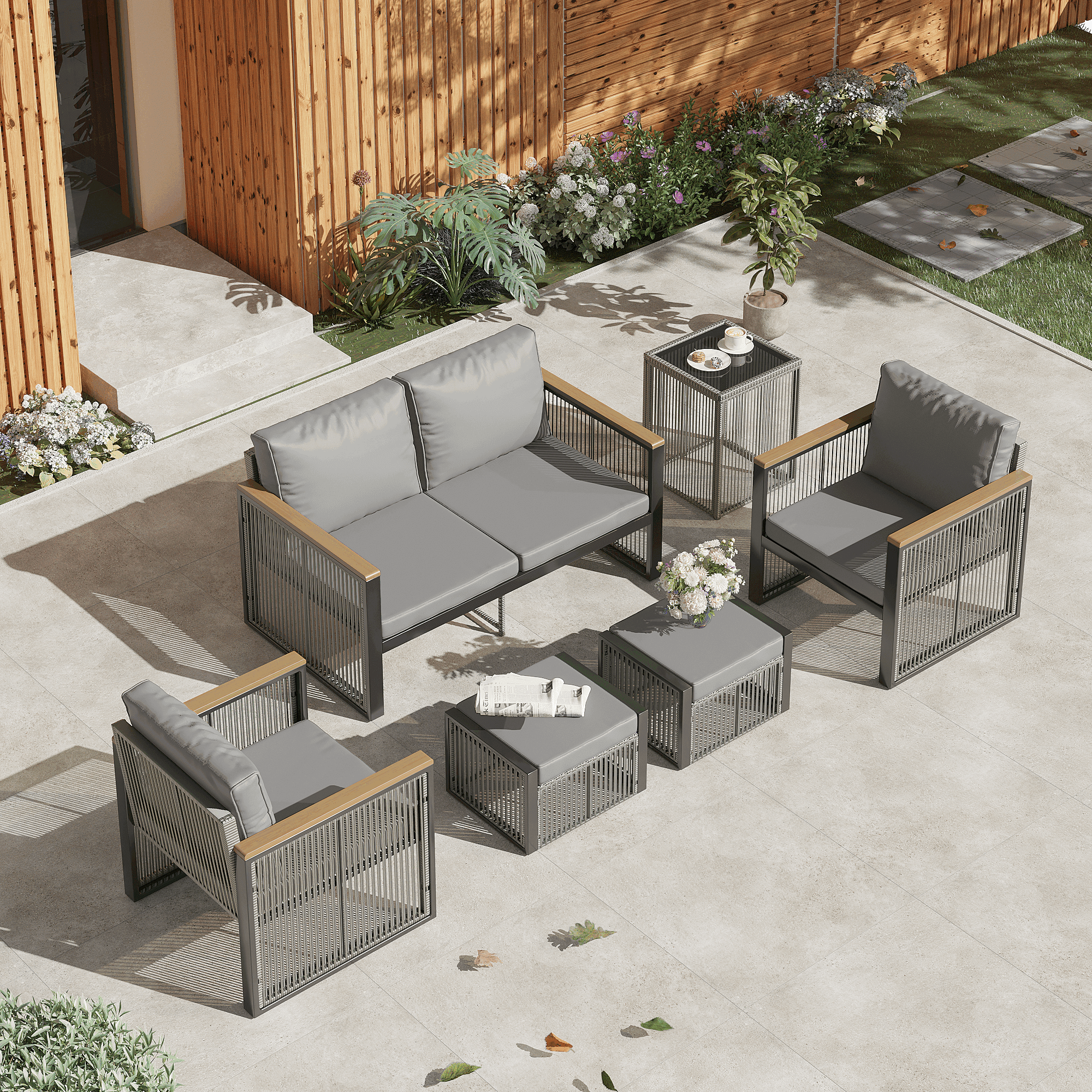 Vicluke Outdoor Patio Furniture Set with Ottomans, 6 Piece Patio Conversation Sets with Coffee Table, Patio Sectional Furniture Set for Porch, Balcony, Deck, Yard