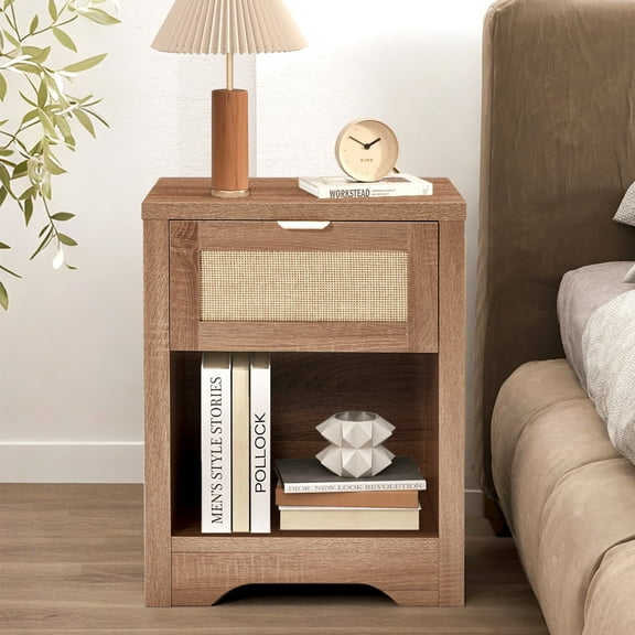Vicluke Rattan Nightstand, Farmhouse Bedside Table with Drawer & Open Storage Shelf, Boho Night Stand with Metal Handle & Sturdy Frame for Bedroom, Living Room （ Brown）