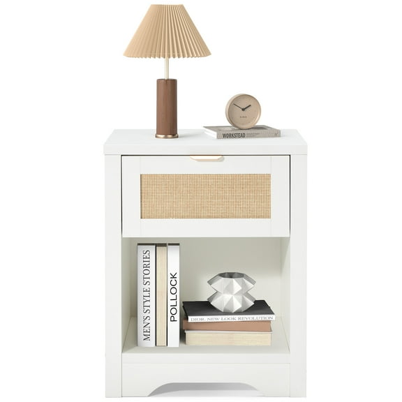 Vicluke Rattan Nightstand, Farmhouse Bedside Table with Drawer & Open Storage Shelf, Boho Night Stand with Metal Handle & Sturdy Frame for Bedroom, Living Room ( White)
