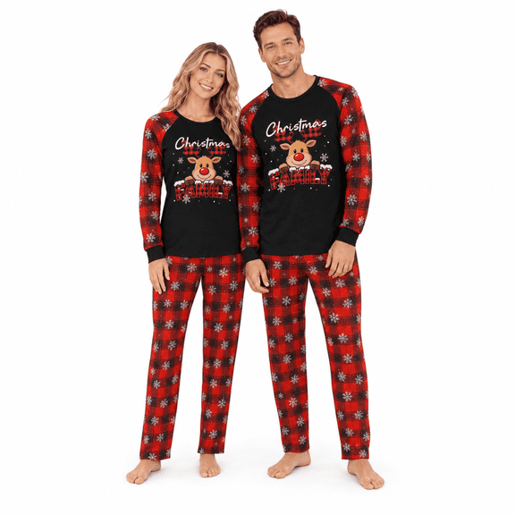BounceUp Christmas Matching Pajamas for Couples, Soft Stretch 2 Piece Pajama Set with Raglan Long Sleeve Crew Neck Top and Printed Pants, S-XL