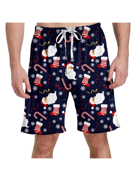 Men's Christmas Pajama Shorts with Pockets, Drawstring Waist and Hidden Button Fly, Holiday Sleep and Lounge Bottoms, M-XXL