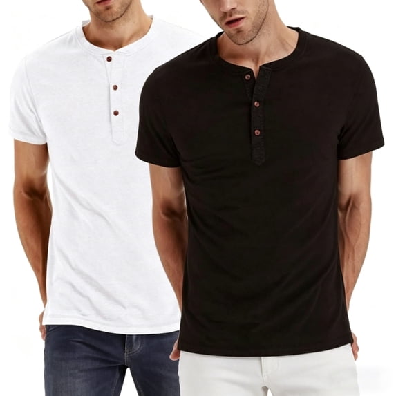 BounceUp Men's Henley T-Shirts 3-Button Placket Short Sleeve Plain Casual Summer Tee, Pack of 2 (M-XXL)