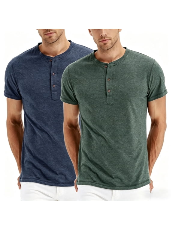 Vicojack Men's Henley T-Shirts 3-Button Placket Short Sleeve Plain Casual Summer Tee, Pack of 2 (M-XXL)