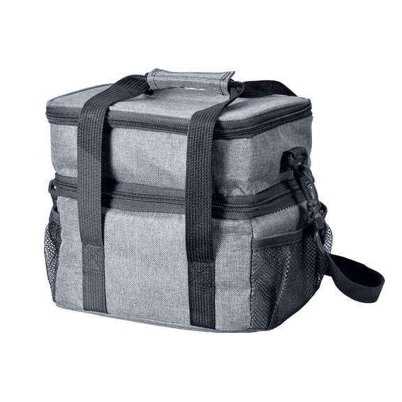 VictSing unisex double-layered insulated lunch bag, large capacity, leak-proof, portable, with side pockets and adjustable shoulder strap, suitable for work, picnics, and travel, grey.