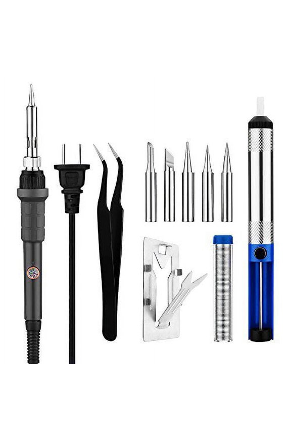 Victake 60W Soldering Iron Kit - Adjustable Temperature, 5pcs Different Tips, Desoldering Pump,Stand, anti-static Tweezers and Solder Wire