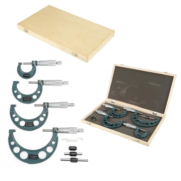 Victool 4pcs 0-100mm Metric Outside Micrometers Thickness Gauge Measuring Calipers with Case