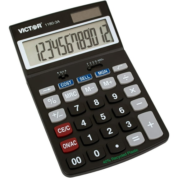 Victor 1180-3A 12-Digit Standard Function Calculator, Battery and Solar Hybrid Powered Adjustable Angle LCD Display, Great For Home and Office Desks, Black CA1