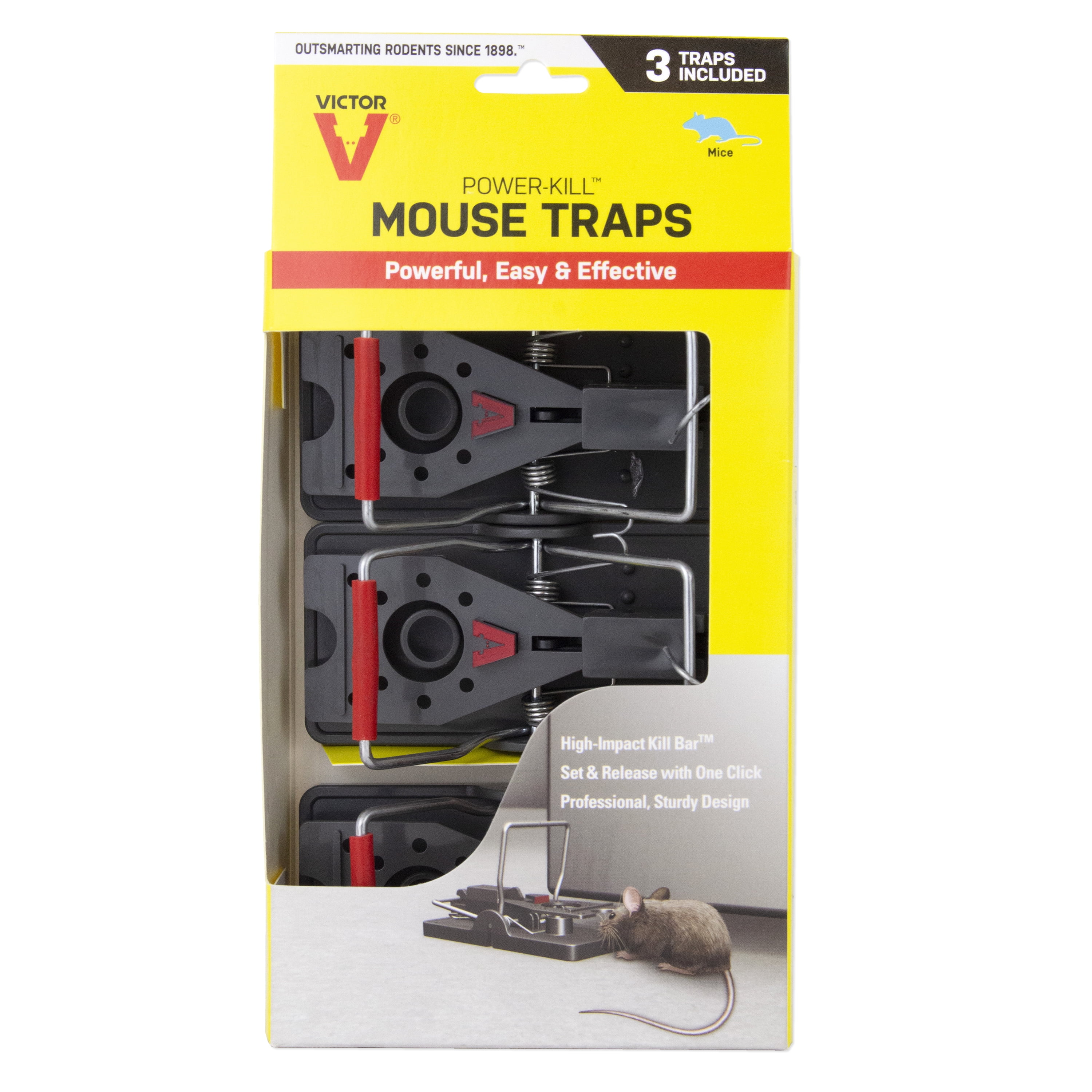 Pest Tek Yellow and Black Plastic Mouse Trap - Kill Bar, Reusable - 4 1/2  x 2 x 2 1/4 - 6 count box