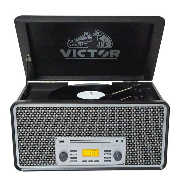 Open Box Victor 3-Speed Record Player Turntable with Built-In Stereo Speakers, Bluetooth, USB, Hinged Dust Cover, Graphite