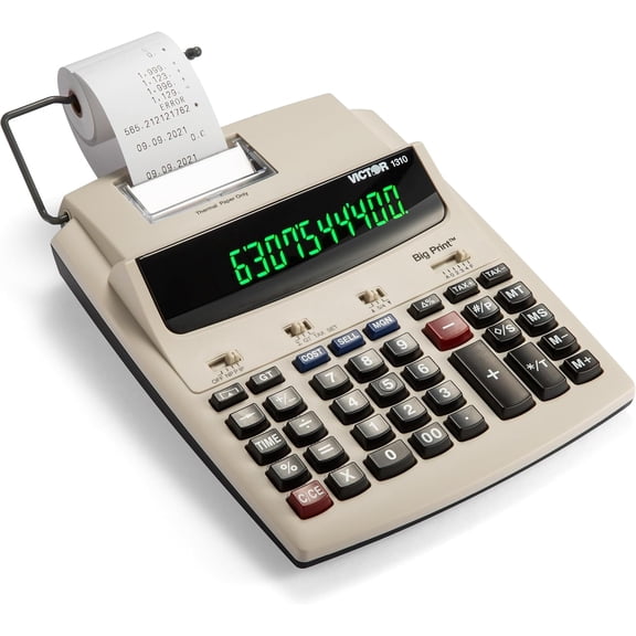 Victor Big Print 12-Digit Thermal Printing Calculator, Fast Ink-Free 6.0 LPS Printing with Cost, Sell & Margin Keys, Dot Matrix Display, White (1310)