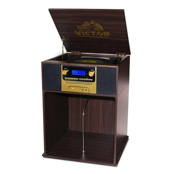 Victor Boyleston 7-in-1 3-Speed Turntable Music Center w Album Storage and USB Port (Espresso)