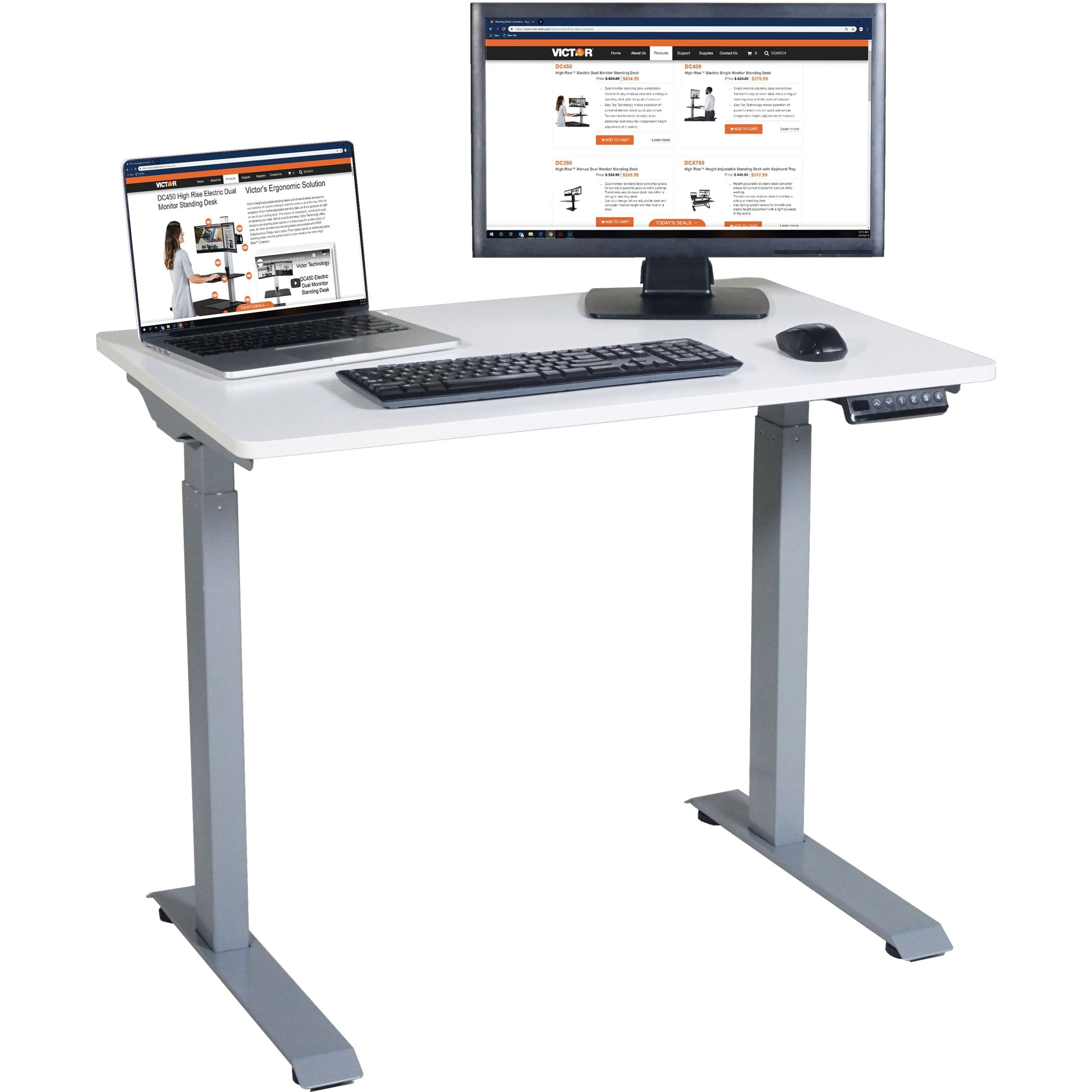Victor Sleek White Electric Standing Desk with Adjustable Height and Keyboard Tray, 36" Wide