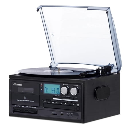 Victor VWRP-4200 Cosmopolitan 8-in-1 Turntable Music Center with 3-Speed Record Player, CD/MP3/Cassette Player, AM/FM Radio, Dual Bluetooth in & Out, USB Playback & Recording