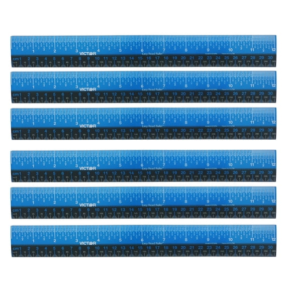 Victor Easy Read Ruler, Plastic, Blue/Black, 12", Pack of 6