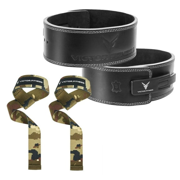 Victor Fitness 100% Top-Grain Leather with Adjustable Metal Lever Powerlifting Belt and 24" Padded Weightlifting Wrist Strap with Silicone Grip Design