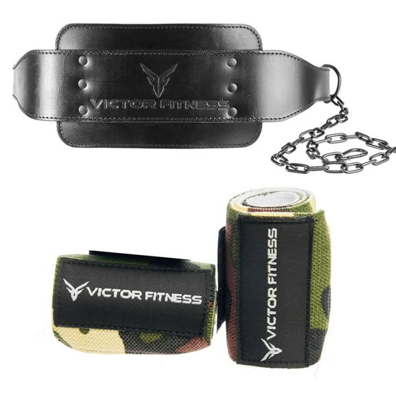 Victor Fitness 100% Top-Grain Leather Dip Belt with Steel Chain + 18" Elastic Wrist Straps