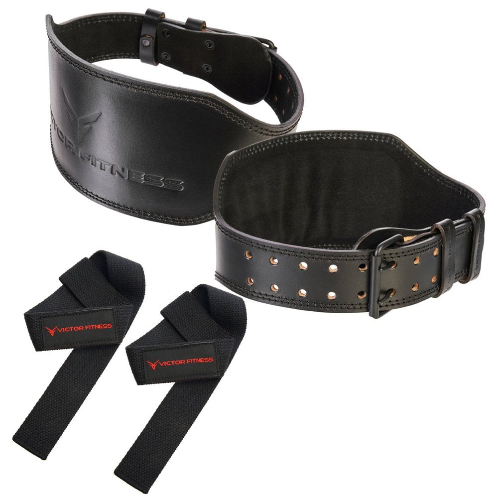 Victor Fitness 100% Top-Grain Leather Heavy-Duty Weightlifting Belt + 24" Unpadded Weightlifting Wrist Straps