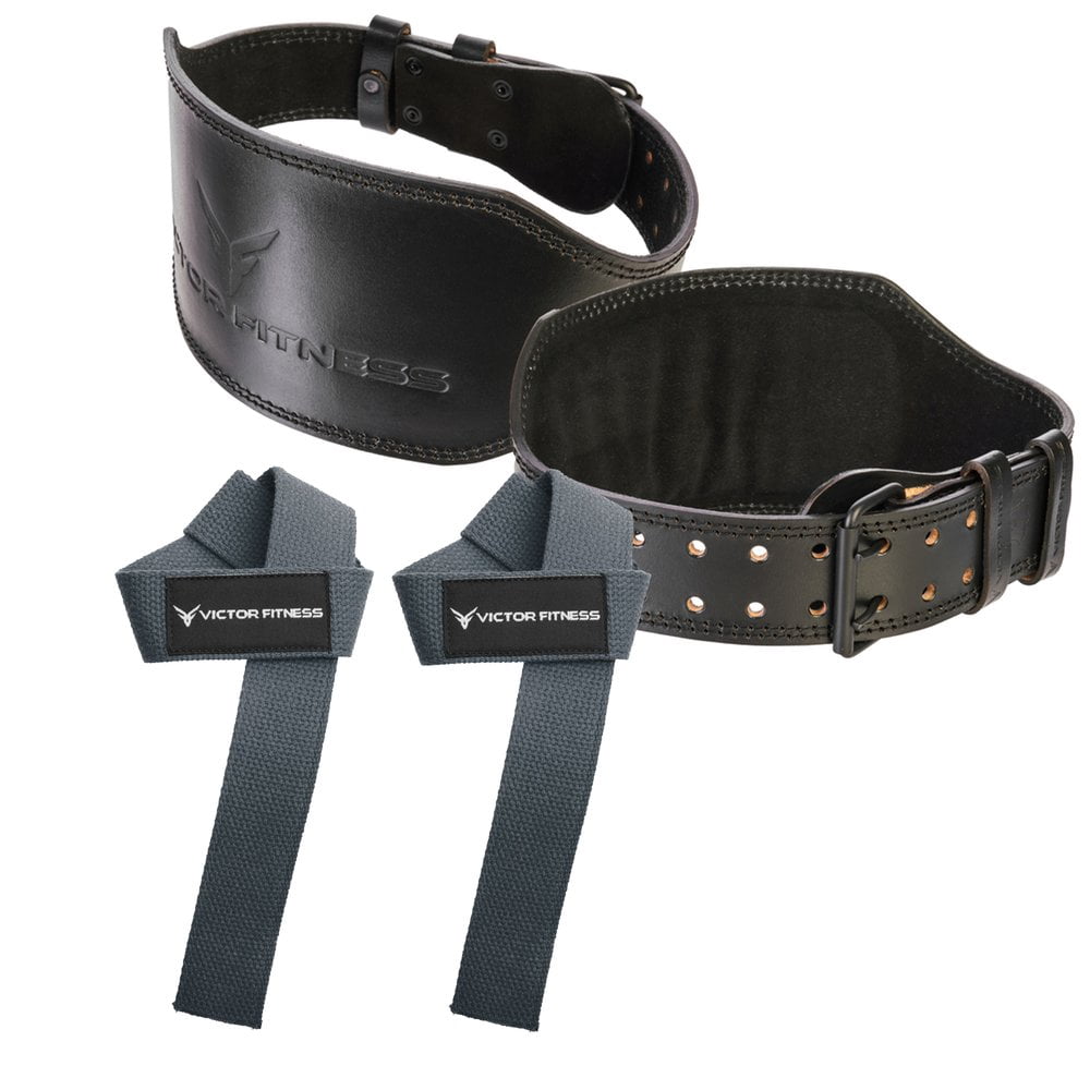 Victor Fitness 100% Top-Grain Leather Heavy-Duty Weightlifting Belt + 24" Unpadded Weightlifting Wrist Straps