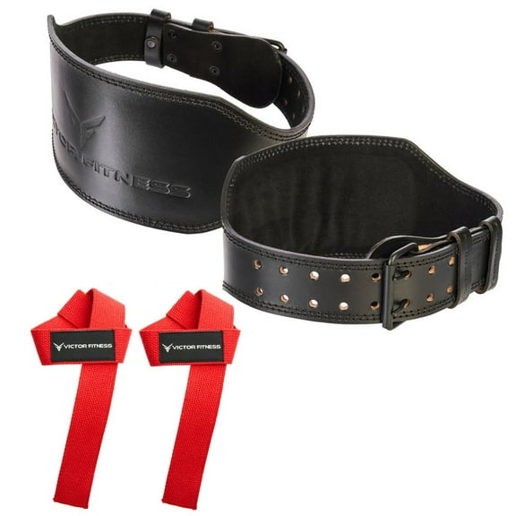 Victor Fitness 100% Top-Grain Leather Heavy-Duty Weightlifting Belt + 24" Unpadded Weightlifting Wrist Straps