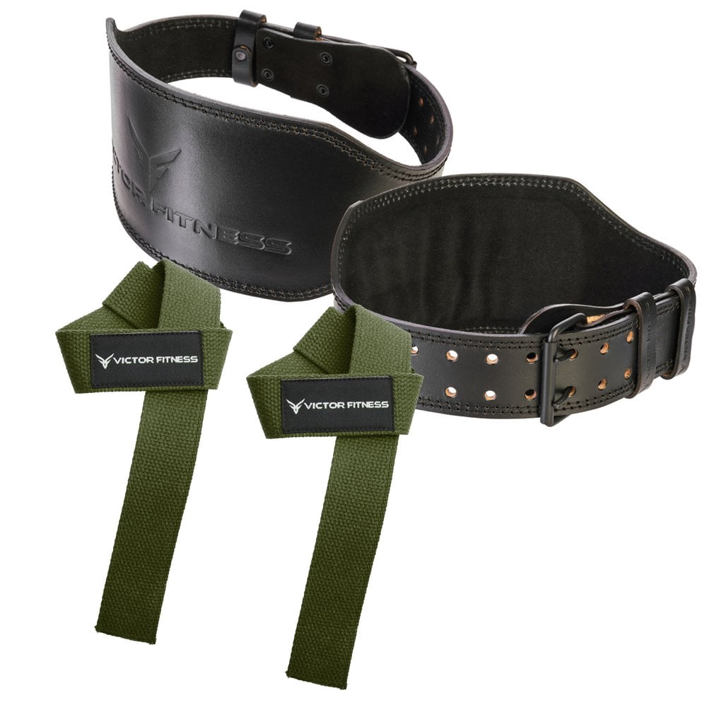 Victor Fitness 100% Top-Grain Leather Heavy-Duty Weightlifting Belt + 24" Unpadded Weightlifting Wrist Straps