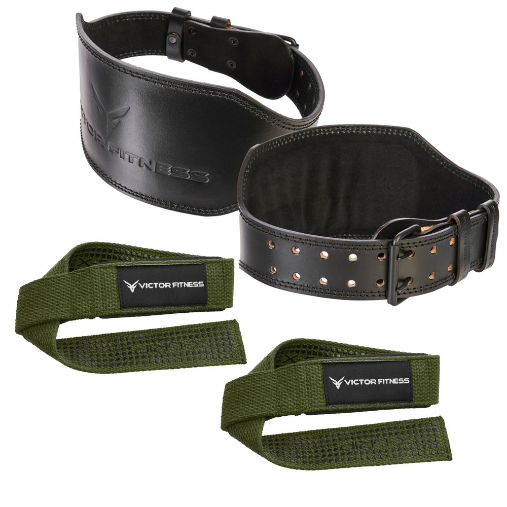 Victor Fitness 100% Top-Grain Leather Tapered Heavy-Duty Dual Prong Weightlifting Belt for Men and Women + 24" Padded Weightlifting Straps with X-Grip
