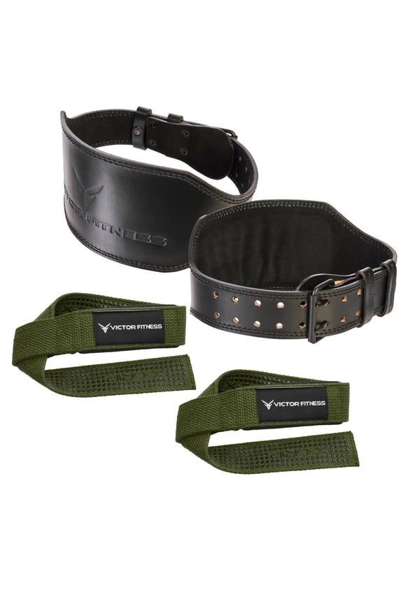100% Top-Grain Leather Tapered Heavy-Duty Dual Prong Weightlifting Belt for Men and Women + 24" Padded Weightlifting Straps with X-Grip