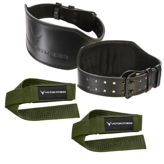 Victor Fitness 100% Top-Grain Leather Tapered Heavy-Duty Dual Prong Weightlifting Belt for Men and Women + 24" Padded Weightlifting Straps with X-Grip