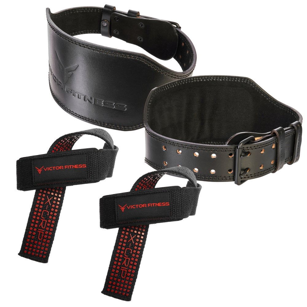 Victor Fitness 100% Top-Grain Leather Tapered Heavy-Duty Dual Prong Weightlifting Belt for Men and Women + 24" Padded Weightlifting Straps with X-Grip