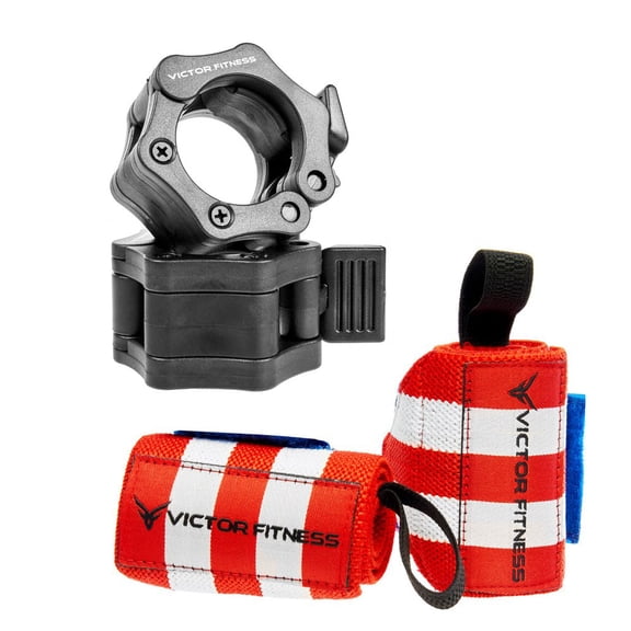 Victor Fitness 18" Wrist Wraps and 2 Quick Release Barbell/Dumbbell Collar Clamps