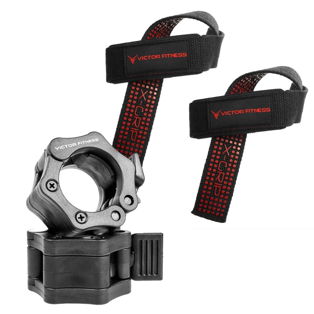 Victor Fitness 24" Padded X-Grip Weightlifting Straps and Quick-Release Barbell/Dumbbell Collar Clamps