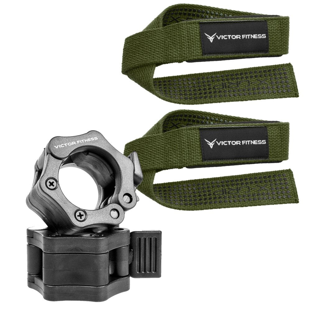 Victor Fitness 24" Padded X-Grip Weightlifting Straps and Quick-Release Barbell/Dumbbell Collar Clamps