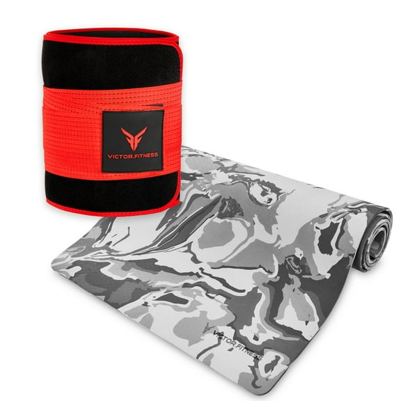 Victor Fitness Anti-Slip High-End Thick and Durable TPE Yoga Mat with Travel Straps Included + Red and Black Waist Trimmer