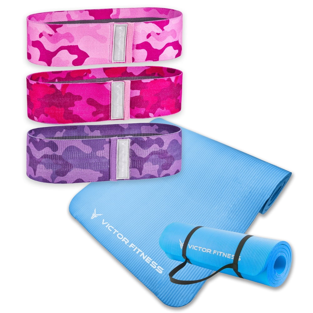 Victor Fitness | Durable Blue Yoga Mat with 3-Pack of Booty Bands