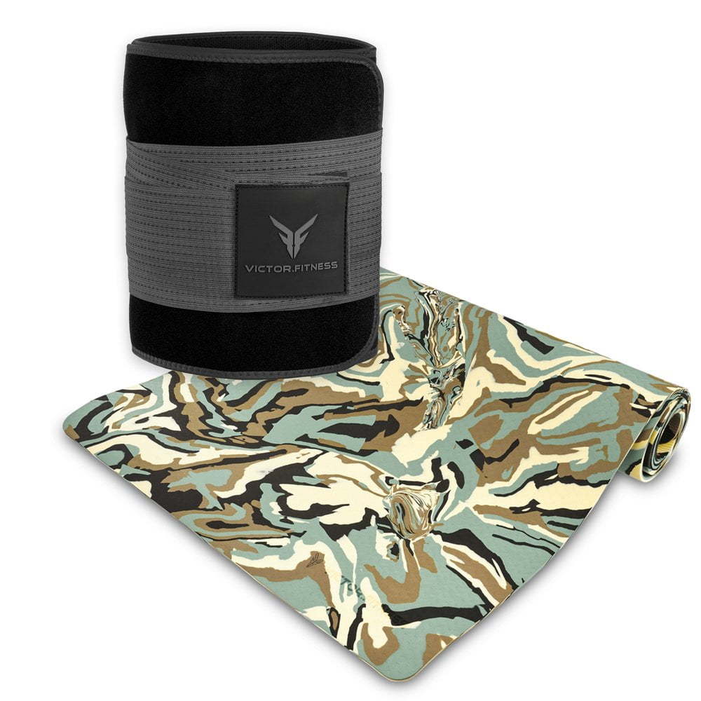 Victor Fitness |Green-Brown Camouflage Yoga Mat + Gray and Black Waist Trimmer