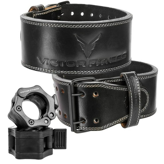 Victor Fitness Leather Power Lifting Belt + Quick Release Barbell Collars