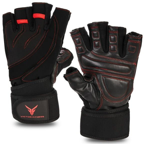 Victor Fitness VG02BRM Black/Red Size Medium - Fingerless, Cowhide Leather, Workout Gloves