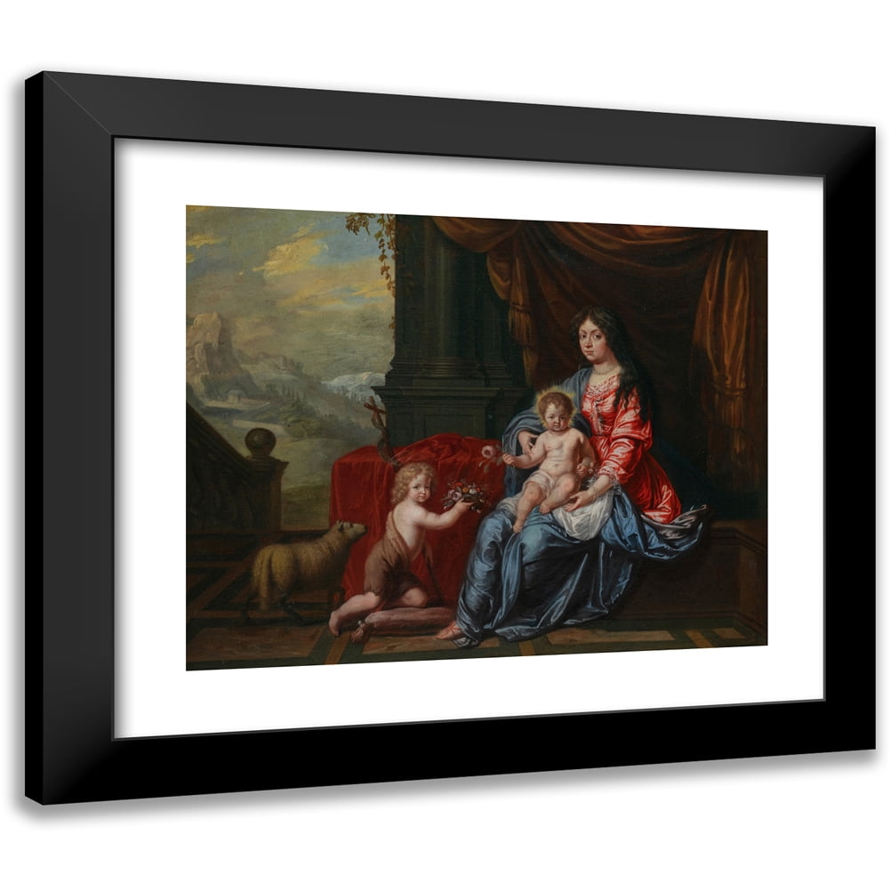 Victor Honoré Janssens 14x12 Black Modern Framed Museum Art Print Titled - Portrait of a Lady in the Guise of the Madonna with a Child, Beside Them&nbsp;The Infant Saint John the Baptist