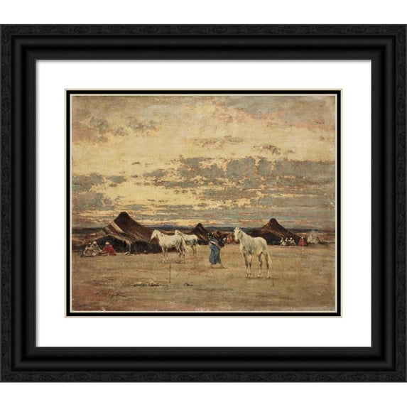 Victor Huguet 24x20 Black Ornate Framed Double Matted Museum Art Print Titled: Settlement at Dawn