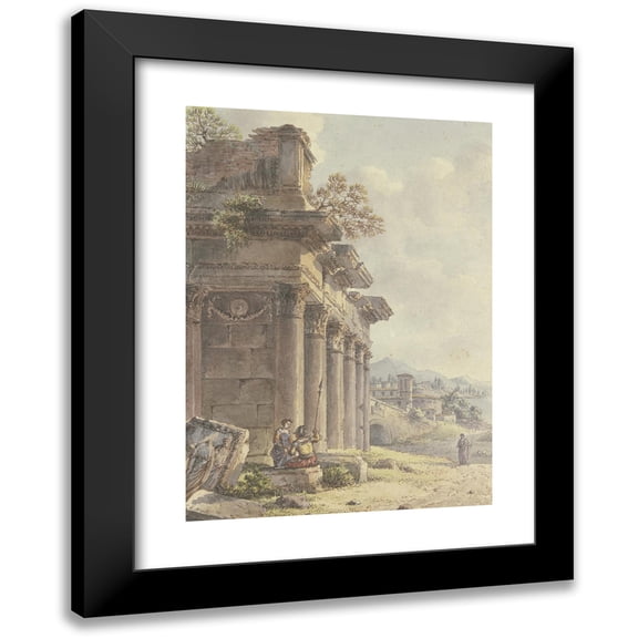 Victor-Jean Nicolle 18x24 Black Modern Framed Museum Art Print Titled - Architectural Capriccio, Ruins of a Temple Facade, in the Background Landscape with Buildings and Bay