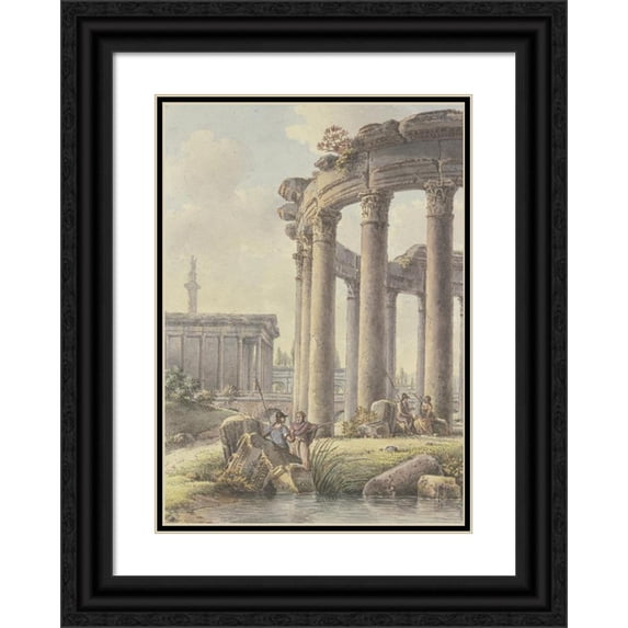 Victor-Jean Nicolle 18x24 Black Ornate Framed Double Matted Museum Art Print Titled: Architectural Capriccio, Ruins of a Round Temple, the Trajan Column in the Background