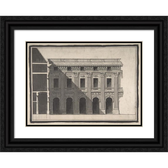Victor Louis 18x14 Black Ornate Wood Framed Double Matted Museum Art Print Titled - Design for the Garden Facade of the Palais Royal (1781)
