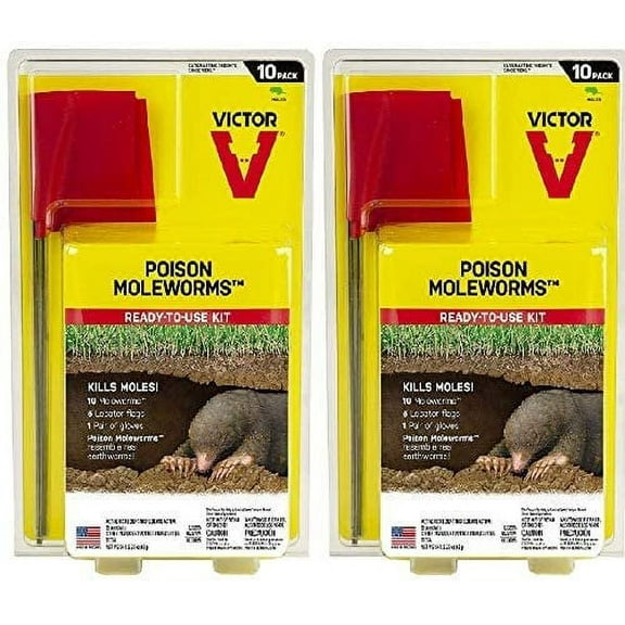 Victor Poison Moleworms Bait - For Moles - 10 Worms, 5 Flags, 1 Glove, Yellow