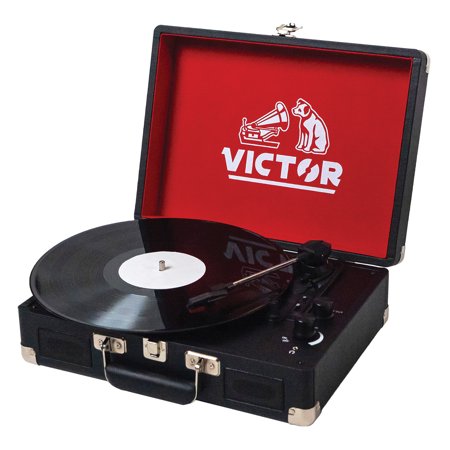 Victor 2-Watt Metro 3-Speed Belt-Drive Manual Suitcase Turntable with Built-in Speakers, Bluetooth In/Out, Aux In, and 45-RPM Adapter , Black