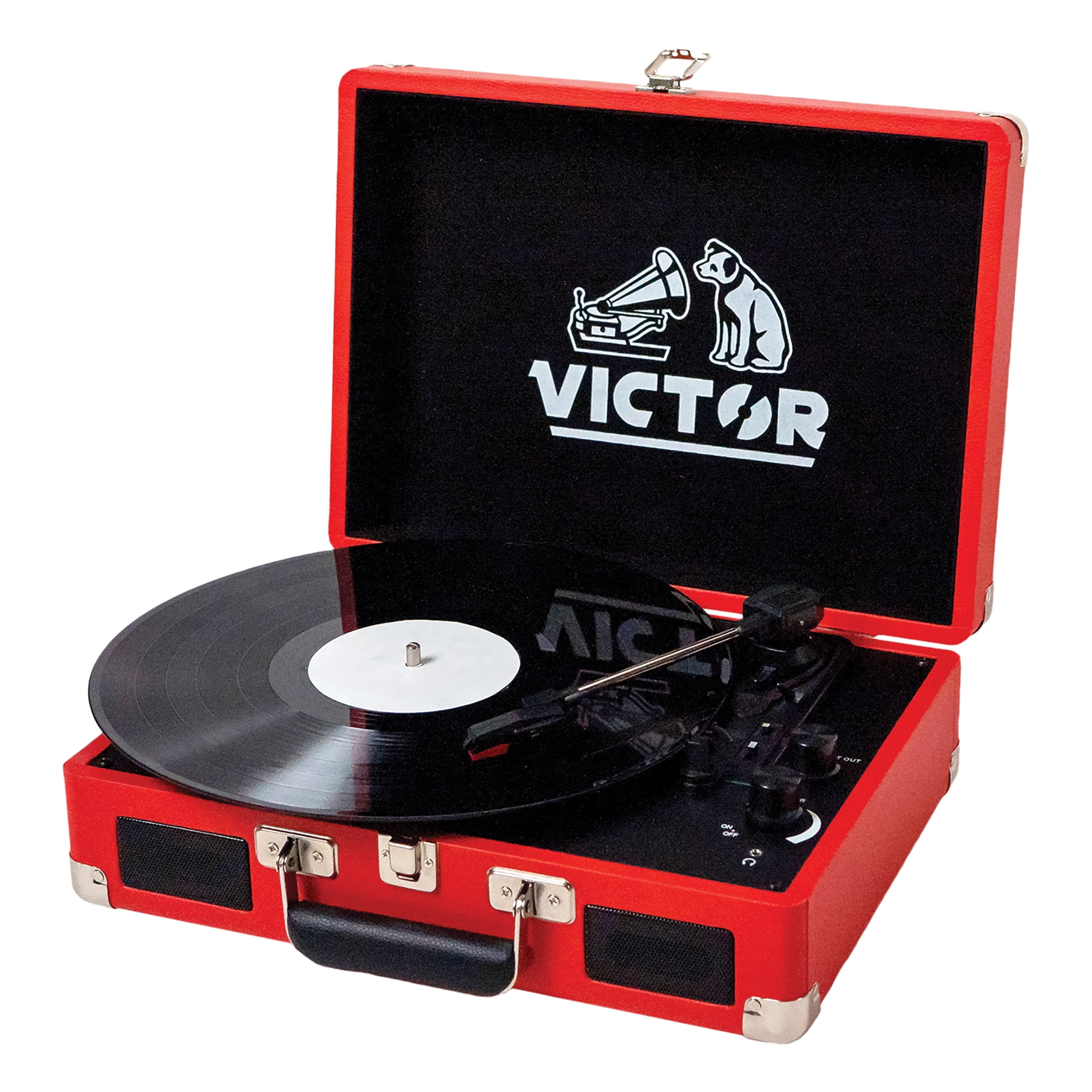 Victor 2-Watt Metro 3-Speed Belt-Drive Manual Suitcase Turntable with Built-in Speakers, Bluetooth In/Out, Aux In, and 45-RPM Adapter , Red