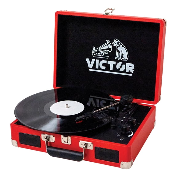 Victor 2-Watt Metro 3-Speed Belt-Drive Manual Suitcase Turntable with Built-in Speakers, Bluetooth In/Out, Aux In, and 45-RPM Adapter , Red