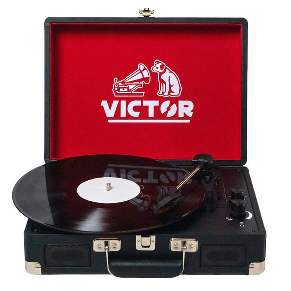 VICTOR Metro 3-Speed Portable Suitcase Turntable Record Player with Dual Bluetooth In & Out and Built-in Stereo Speakers, Black (VSRP-800-BK)