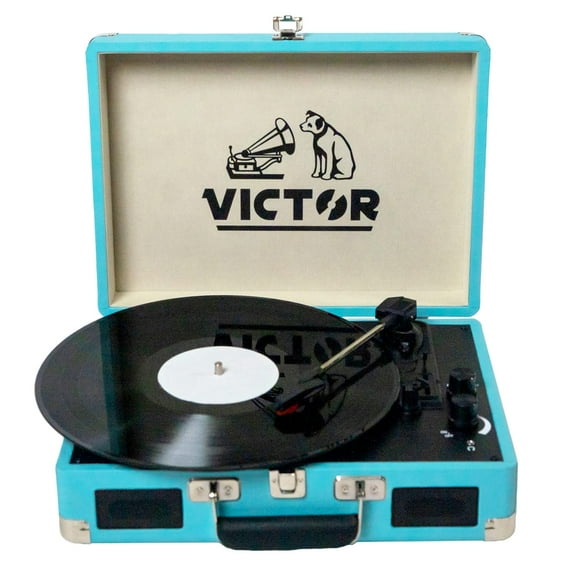 VICTOR Metro 3-Speed Portable Suitcase Turntable Record Player with Dual Bluetooth In & Out and Built-in Stereo Speakers, Turquoise (VSRP-800-TQ)